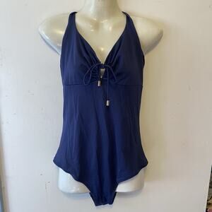 HeidiKlein NavyBlue HalterNeck OnePiece Swimsuit UnPadded Keyhole Beach Preppy 4